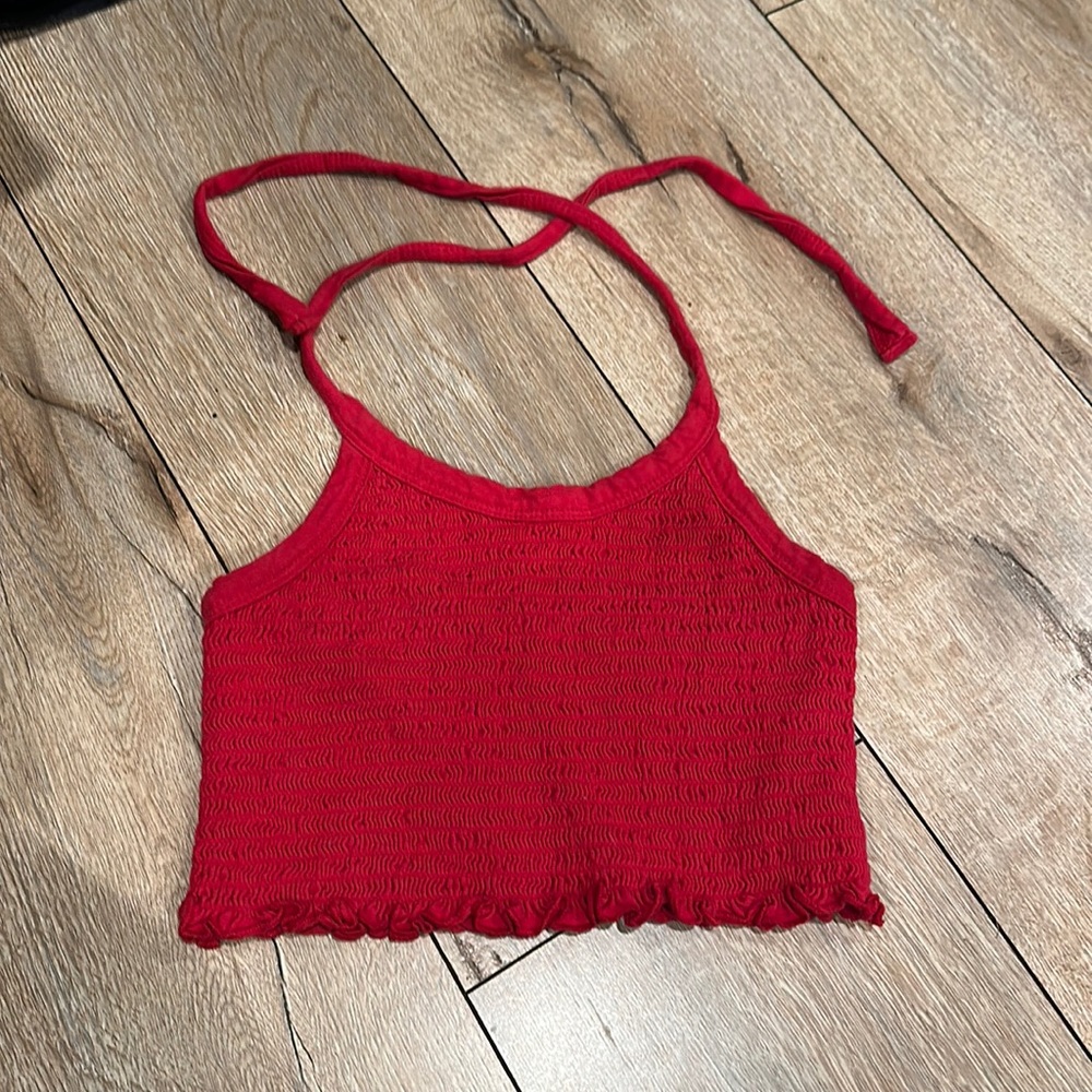 ME TO WE Red scrunched halter top with tie.